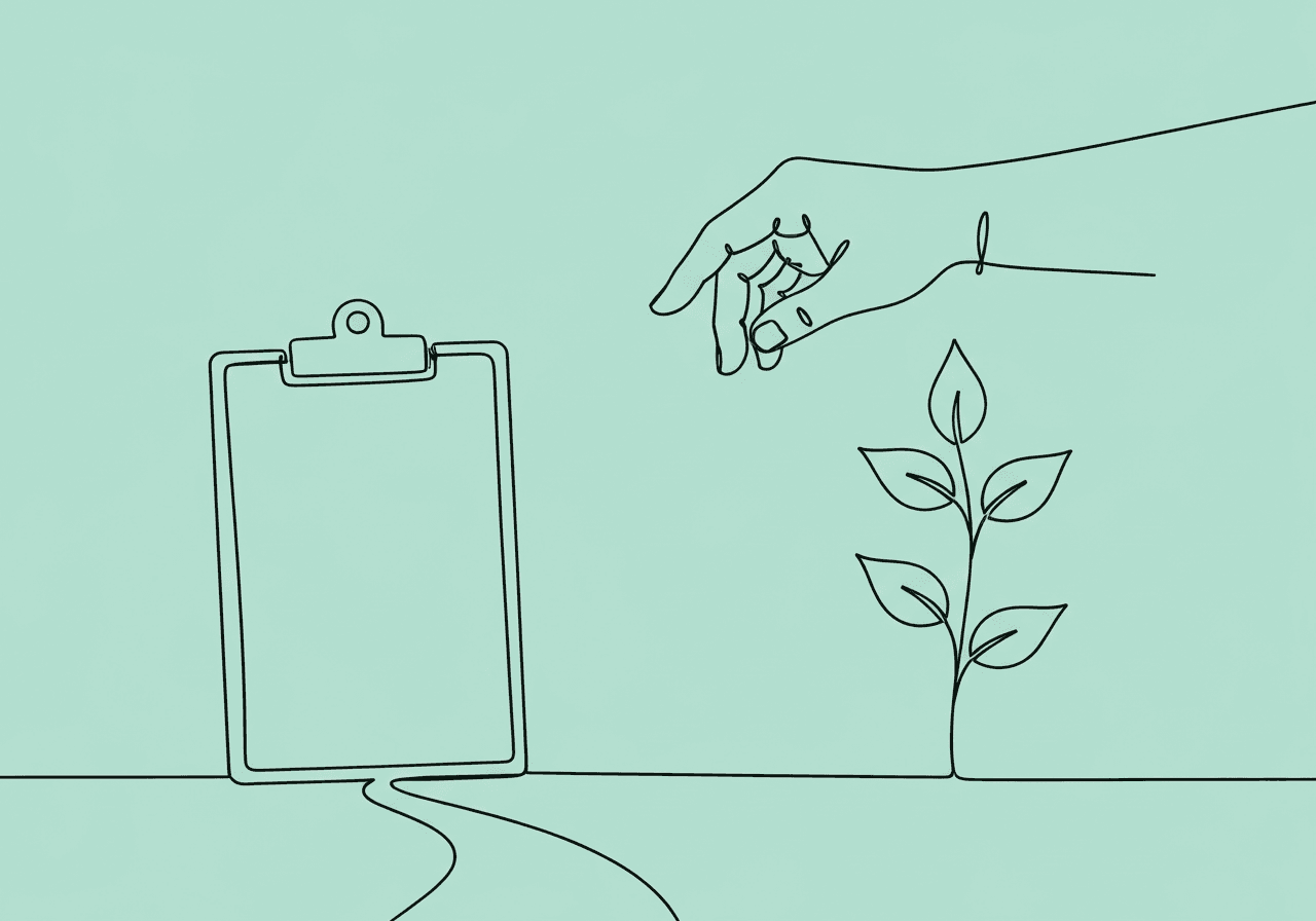 RBT Performance Review Documentation Guide for BCBAs Minimalist line art of a clipboard transforming into a growing plant under a guiding hand, visually representing RBT performance review documentation and professional growth under BCBA mentorship.