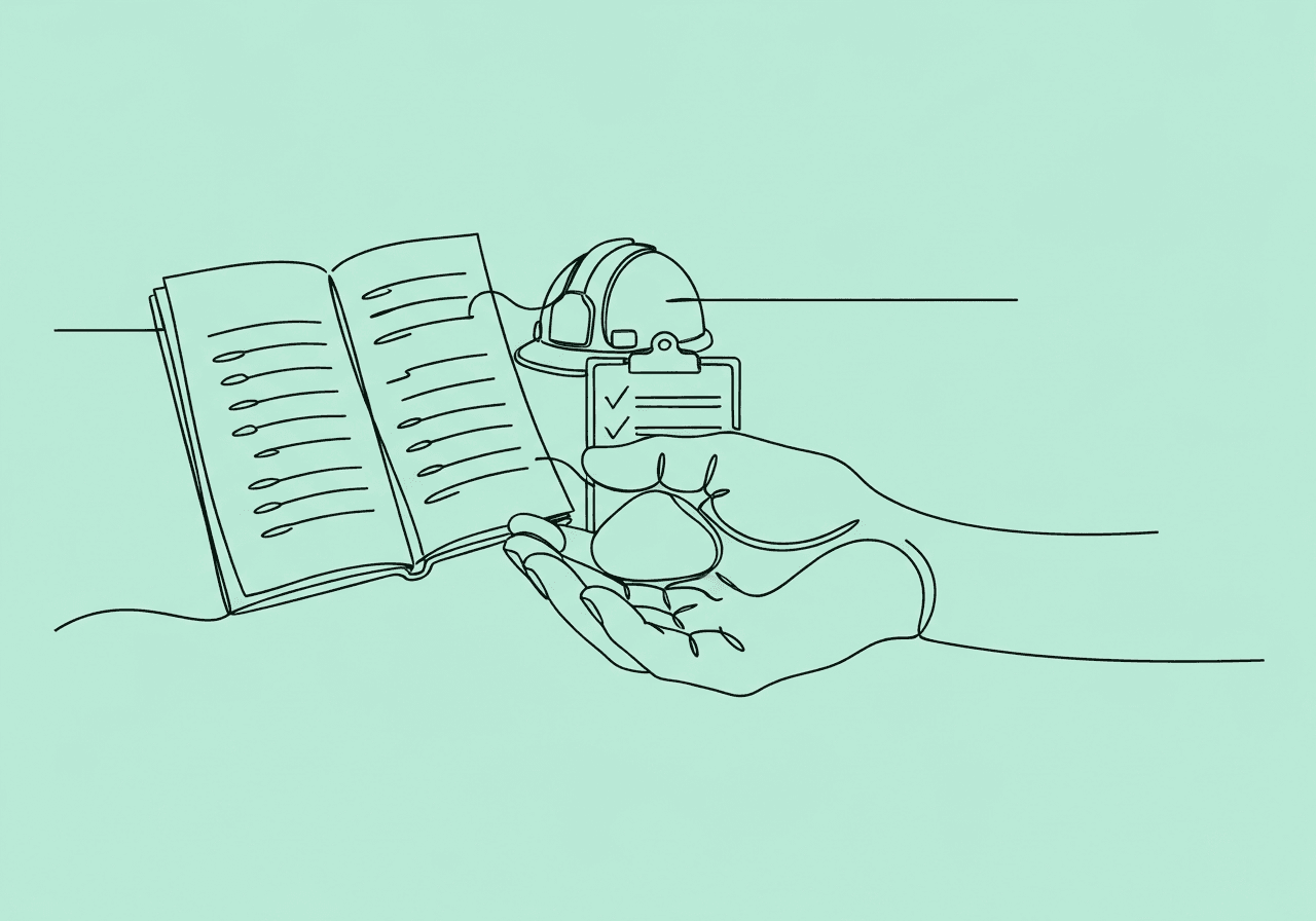 Essential RBT Guide to Pica Documentation and Safety Minimalist line art of a hand holding a pebble beside a medical chart, safety helmet, and clipboard, representing RBT Pica documentation, safety protocols, and ethical compliance in ABA settings.