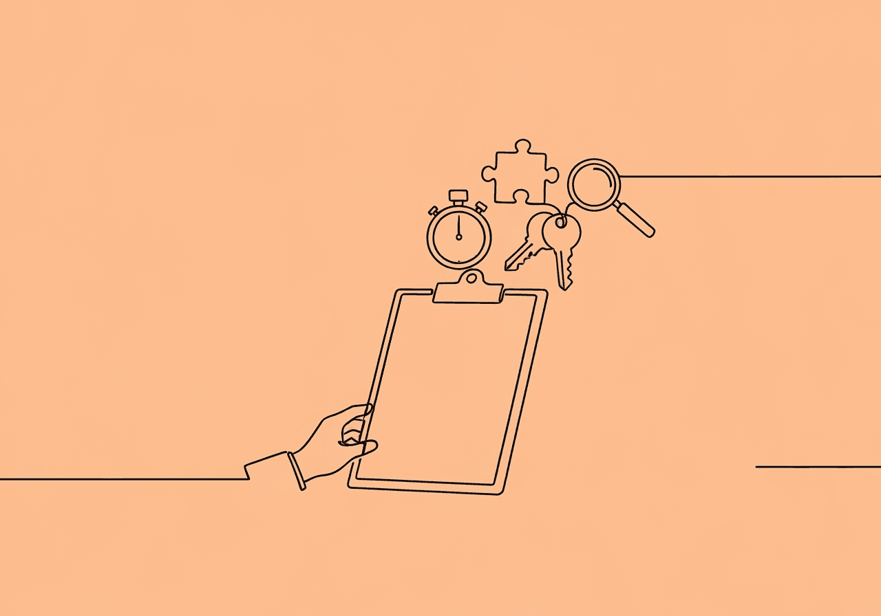 RBT Pre-Session Compliance Checklist: 8 Hacks Minimalist line art on a pastel peach background shows a flowing checklist with essential objects like a clipboard, stopwatch, keys, and magnifying glass, visually representing an RBT pre-session compliance checklist and preparation routine.