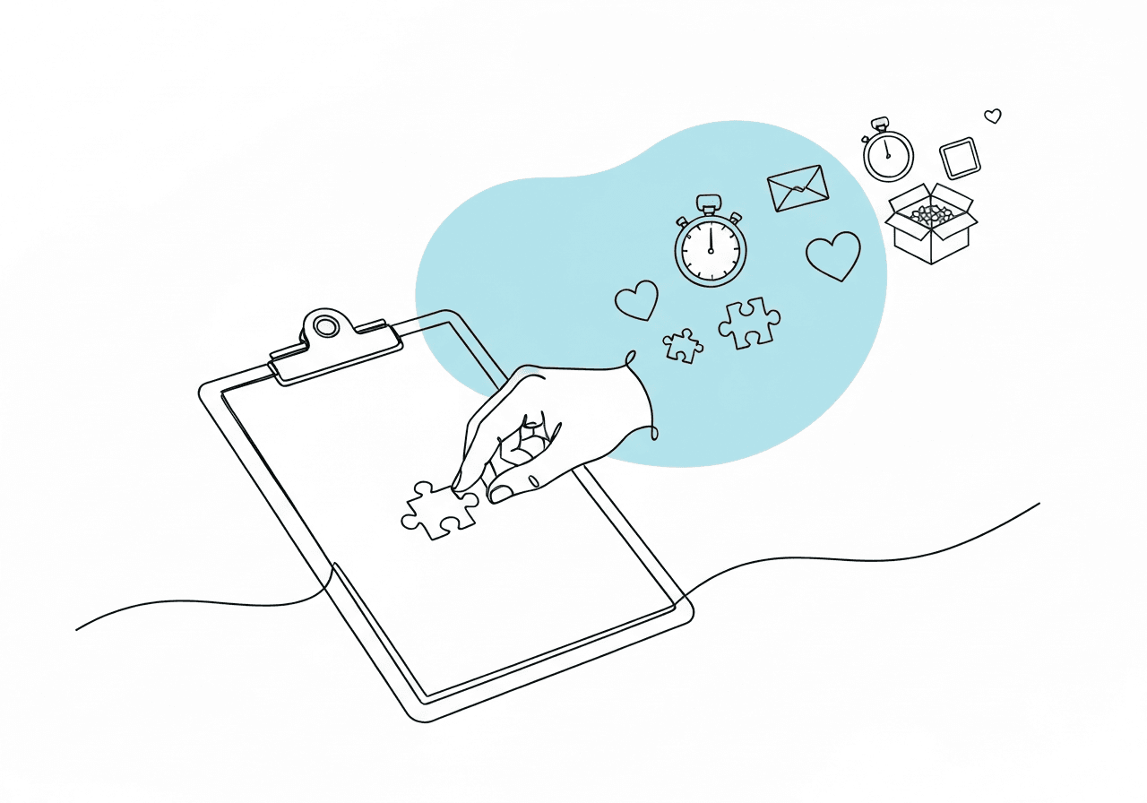 RBT Preference Assessment Documentation: Beginner's Guide Minimalist line art showing a hand placing a puzzle piece onto a clipboard surrounded by assessment items, conveying RBT preference assessment documentation in an accessible and relatable way for behavioral therapy compliance.