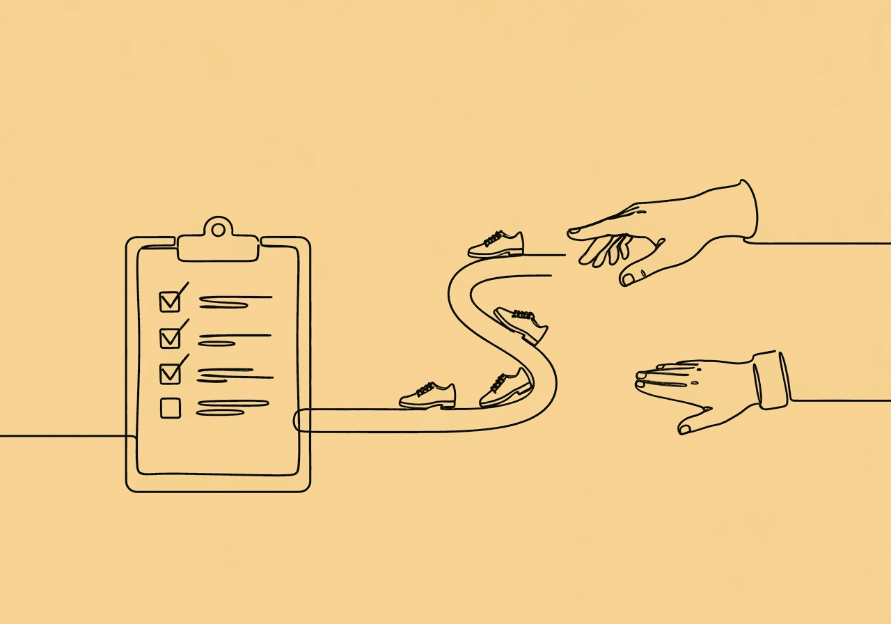 Procedural Drift Documentation: RBT Fidelity Essentials Minimalist line art showing a checklist clipboard flowing into a repeated path with guiding hands, representing procedural drift documentation and corrective action in behavioral therapy.