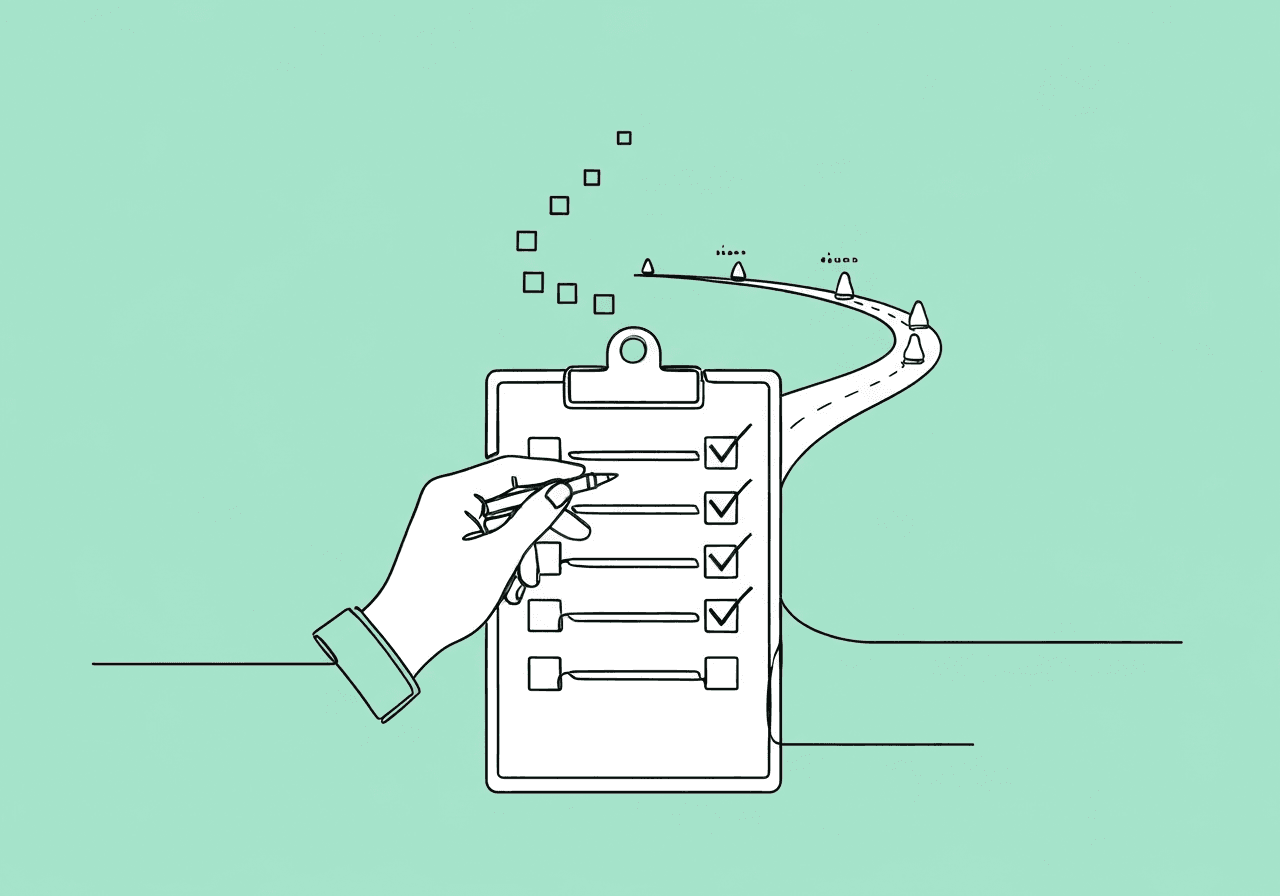 RBT Recertification 2026: PDU Guide for BCBAs Minimalist line art shows a checklist clipboard and hands checking off steps, representing RBT recertification 2026 recordkeeping and progression. Curved path with milestones visually reinforces the PDU documentation journey discussed in the recertification blog post.