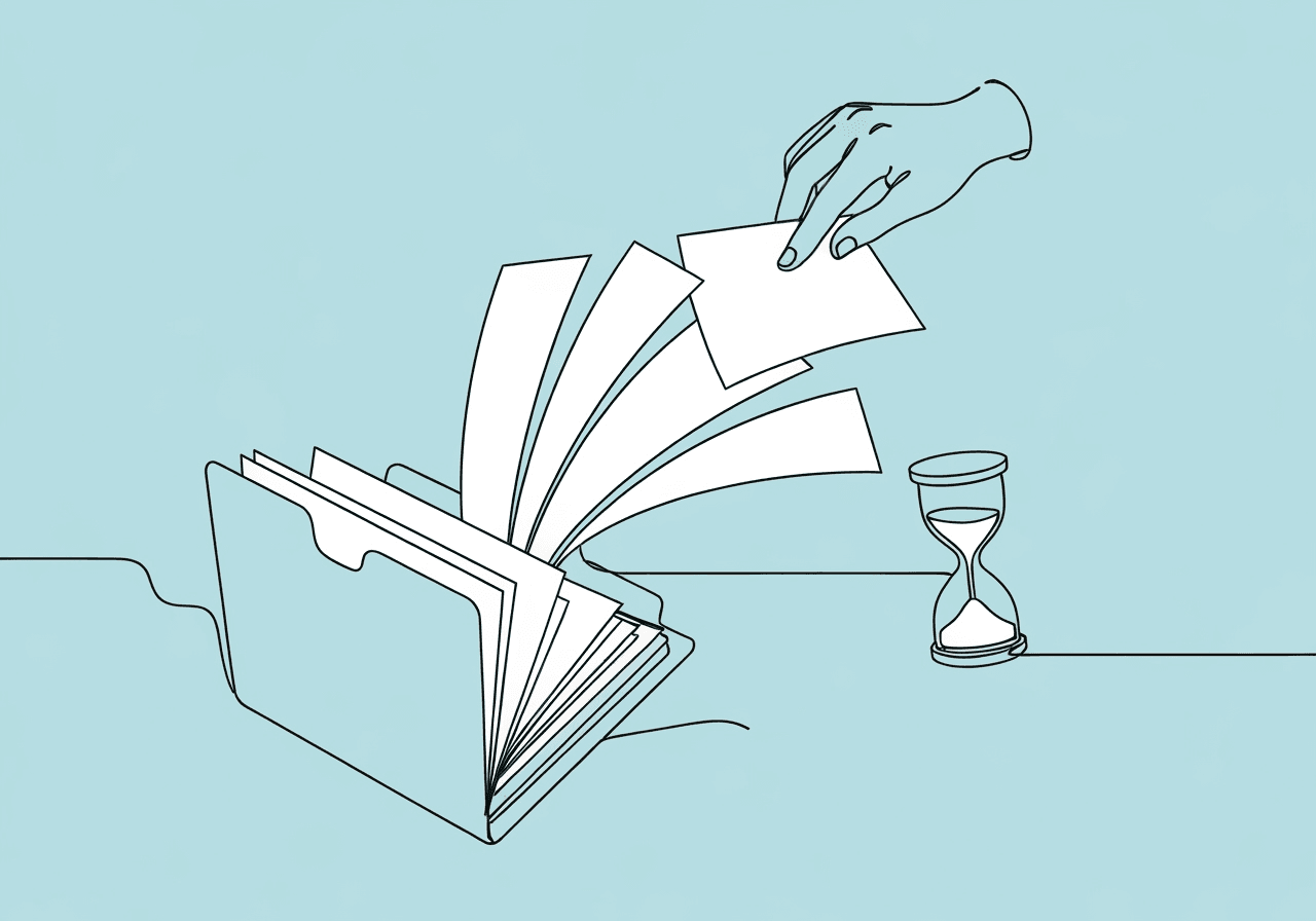 RBT Renewal Competency Documentation Guide for BCBAs Minimalist line art shows a hand handling paperwork, an open folder, and an hourglass, representing RBT renewal competency documentation BCBA processes of precise record-keeping and time management.