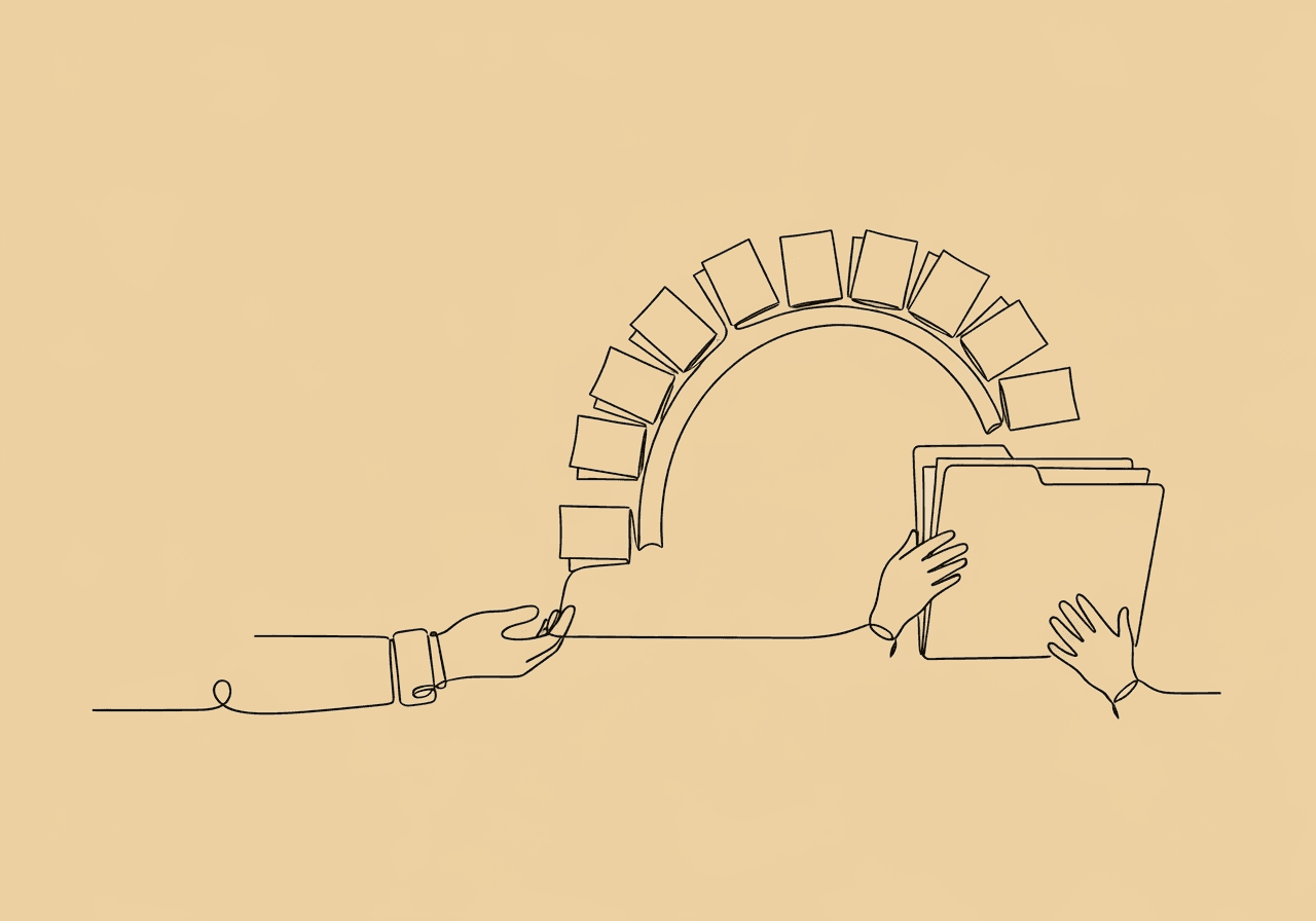 Master RBT School Collaboration Documentation Minimalist line art of two hands exchanging an open folder, with papers bridging between them, symbolizes RBT school collaboration documentation by visually highlighting the handoff and connection essential for effective school-clinic partnerships.