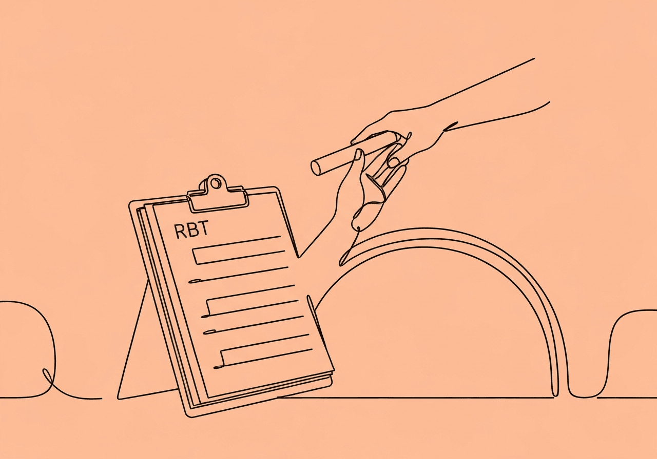 RBT Session Cancellation Documentation: Best Practices Minimalist line art shows hands passing a relay baton over an open clipboard, symbolizing RBT session cancellation documentation and the importance of seamless service continuity as described in the BCBA compliance guide.