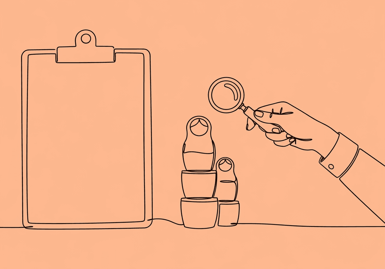 RBT Session Note Checklist: Compliance Essentials Minimalist line art illustration of an RBT session note checklist, featuring a clipboard, a hand with a magnifying glass, and stacked nesting dolls. The visual metaphor highlights the importance of layered review and attention to detail for session note quality assurance.