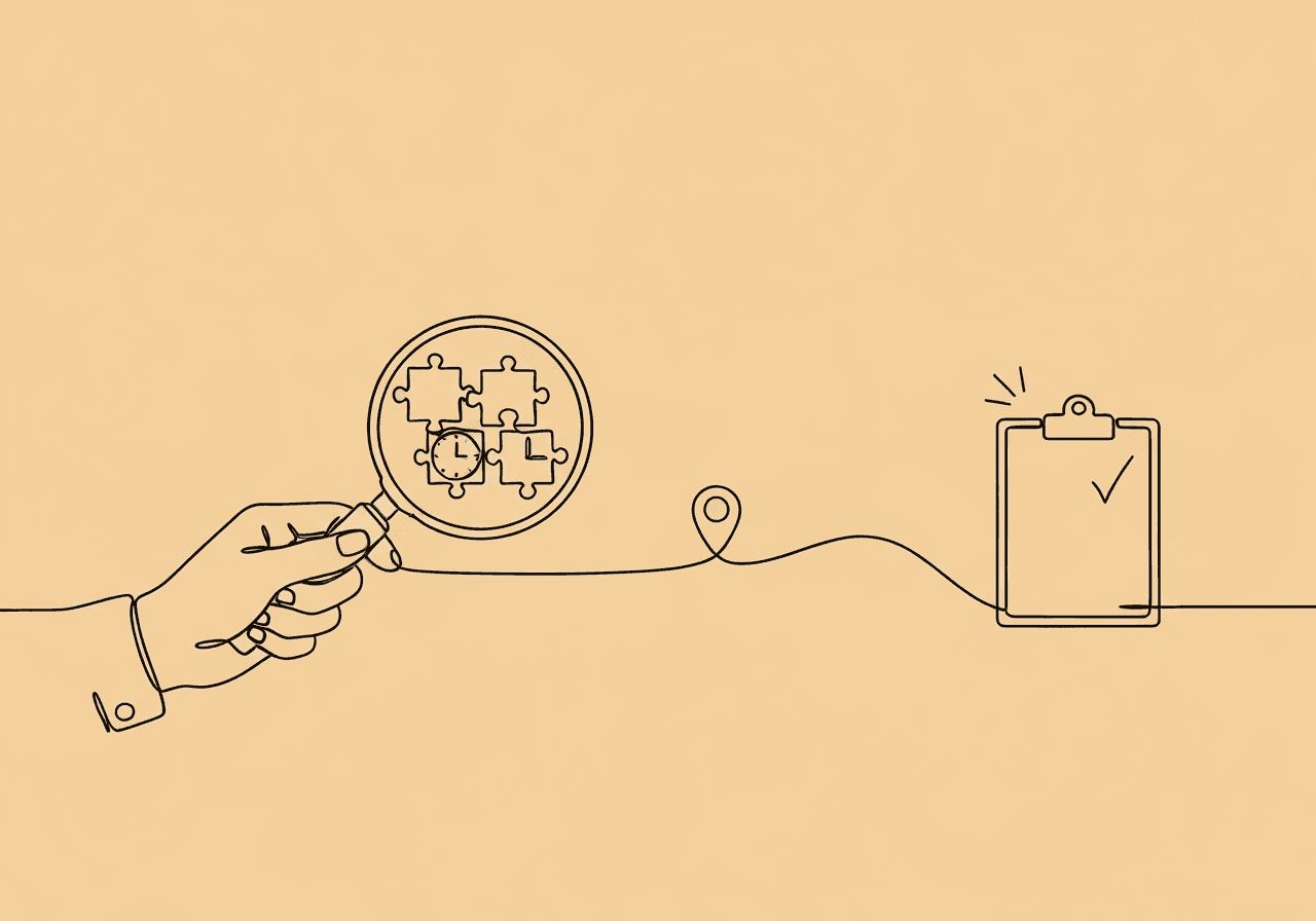 RBT Session Notes for Beginners: Essential Guide Minimalist line art of a hand with a magnifying glass examining puzzle pieces—shaped like a notepad, clock, and location pin—symbolizing RBT session notes for beginners and the clarity needed in behavioral documentation.