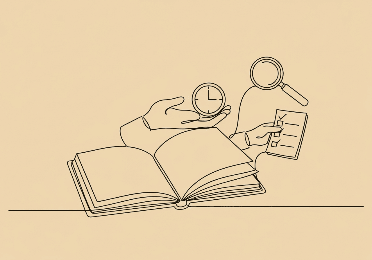 RBT Session Notes FAQ: Best Practices & Compliance Minimalist line art illustration for 'RBT session notes FAQ' shows an open notebook morphing into a magnifying glass, hands holding a clock and checklist. Captures the essentials of accurate, timely, and compliant session notes.