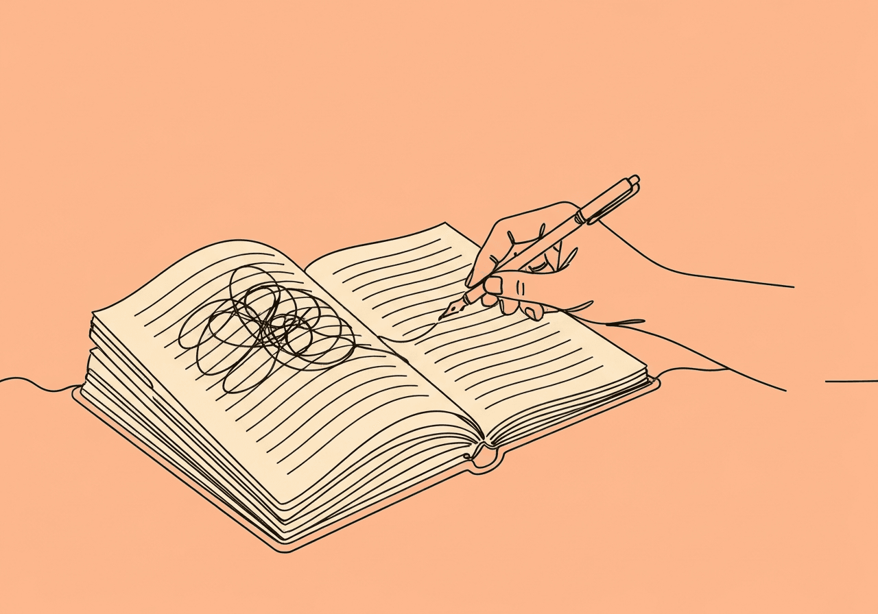 RBT Session Note Mistakes: 10 Common Errors to Fix Minimalist line art of a hand organizing a chaotic notebook with clear lines, symbolizing how to fix RBT session note mistakes for better accuracy and compliance.