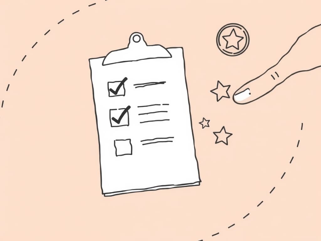 RBT Skill Acquisition Study Guide: Master Section C Line-art illustration featuring an open clipboard with a checklist, a puzzle piece, chain links, a helping hand offering a star, and a token on a pastel peach background, visually representing key elements from the RBT skill acquisition study guide.