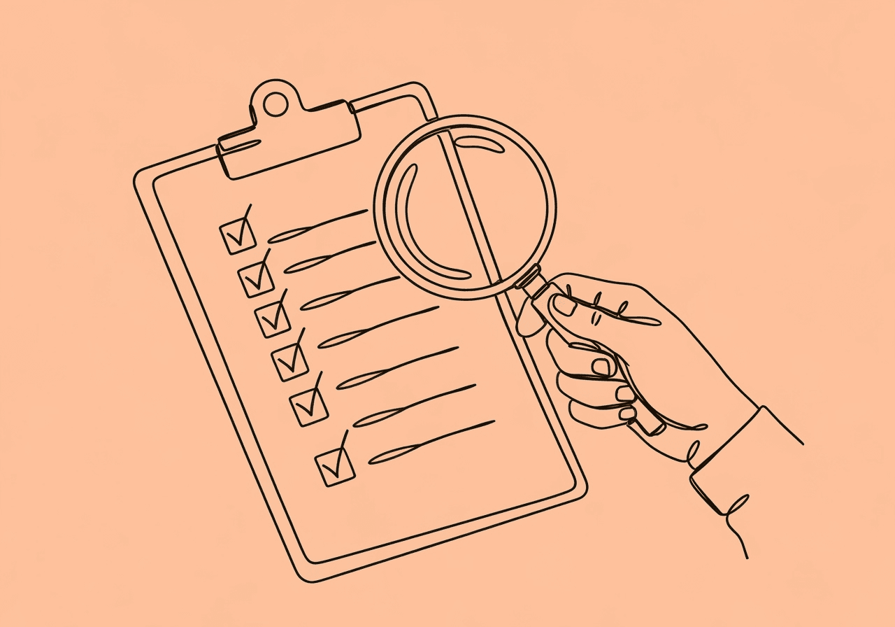 RBT Supervision Log Audit Checklist for BCBAs Minimalist line art of a magnifying glass examining a checklist on a clipboard, symbolizing the RBT supervision log audit checklist process, attention to detail, and audit readiness for BCBAs.
