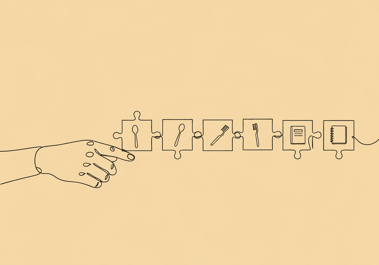 RBT Task Analysis Documentation: Beginner's Guide Minimalist line art on a pastel sand background depicting a hand guiding a sequence of connected puzzle pieces, each representing a daily task. This visual metaphor illustrates RBT Task Analysis documentation for chained skill compliance and step-by-step data collection.