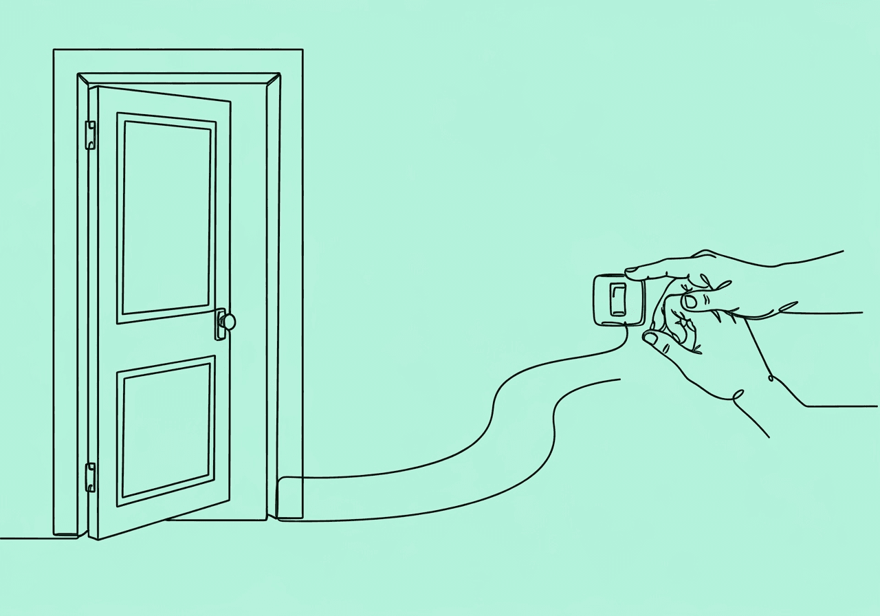 Master RBT Task D-3: Antecedent Modification Guide Minimalist line art illustration for 'RBT Task D-3 antecedent interventions modification,' featuring an open door, a curving path, and a hand reaching for a light switch—symbolizing cue, transition, and intervention in behavioral strategies.