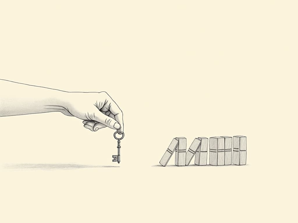 RBT C-3: Master Contingencies of Reinforcement Guide Minimalist line art of a hand offering a key to a sequence of dominos, visually illustrating RBT Task List C-3 contingencies of reinforcement by showing the cause-and-effect pathway in behavior analysis.