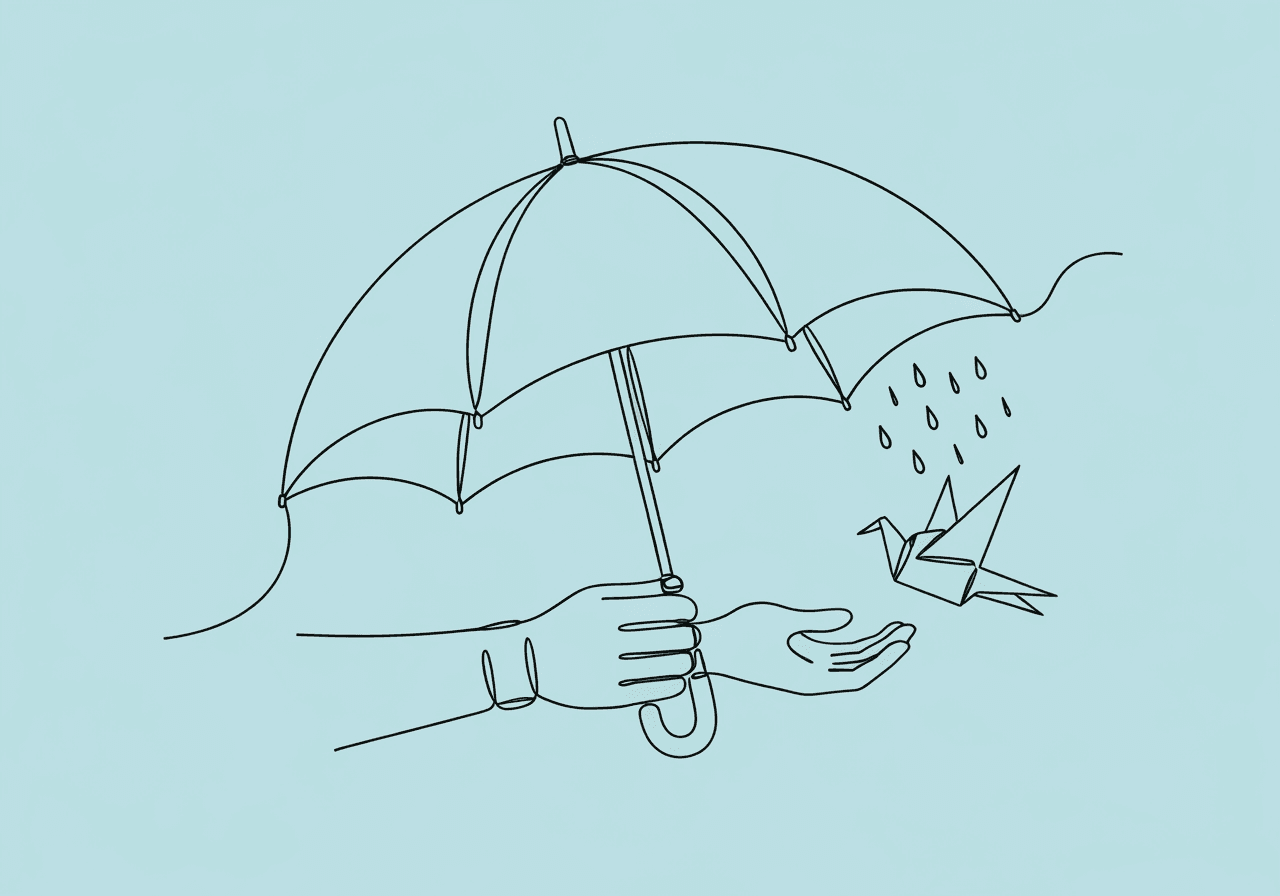 RBT Task List D-6: Ultimate Crisis Exam Prep Guide Minimalist line drawing for an RBT Task List D-6 exam article: a hand shields an origami bird with an umbrella, symbolizing crisis response and careful documentation in behavioral emergencies.