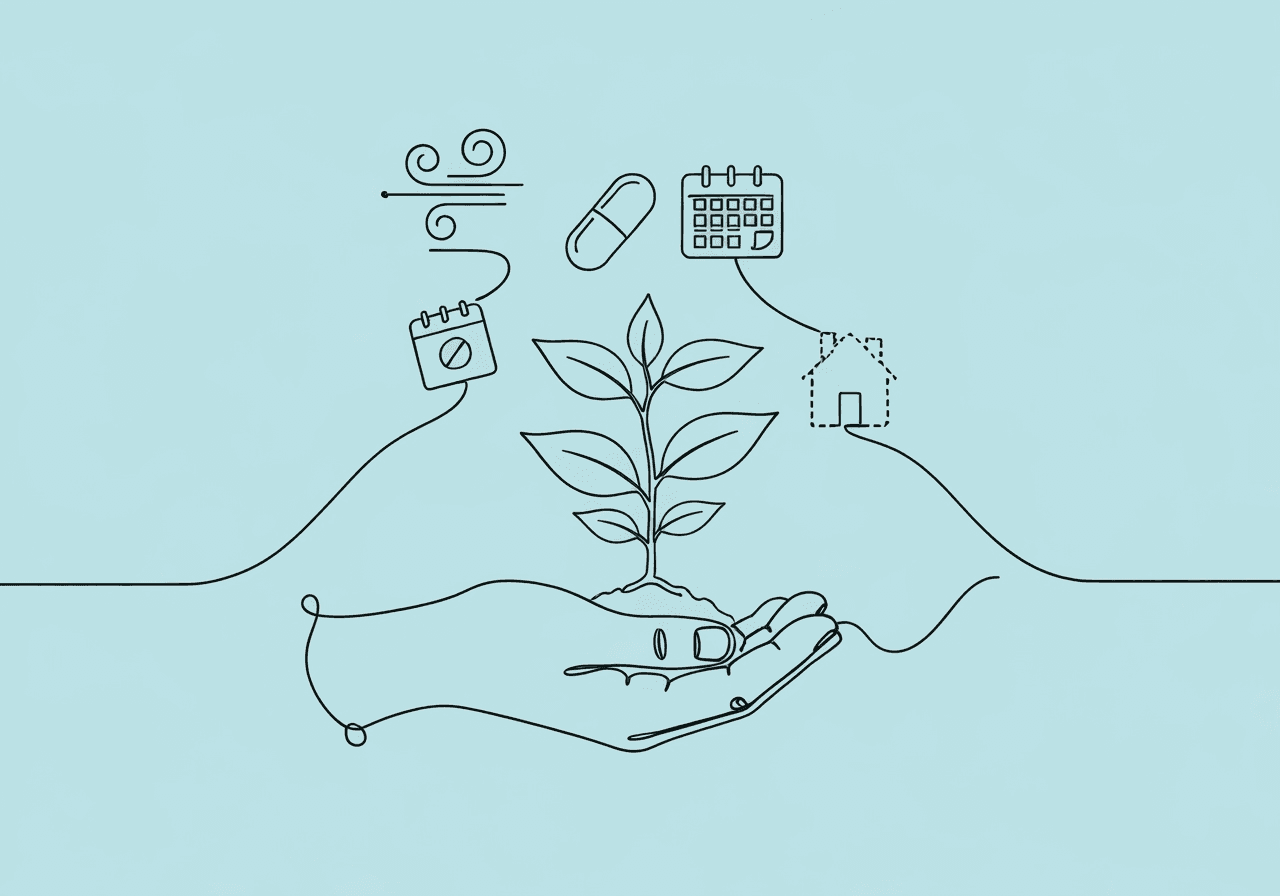 Master RBT Task List E-01: Client Variables Guide Minimalist line art illustrates a nurturing hand supporting a growing plant surrounded by symbols for illness, medication, change, and relocation, clearly evoking the key concepts of RBT Task List E-01—reporting variables affecting client progress.