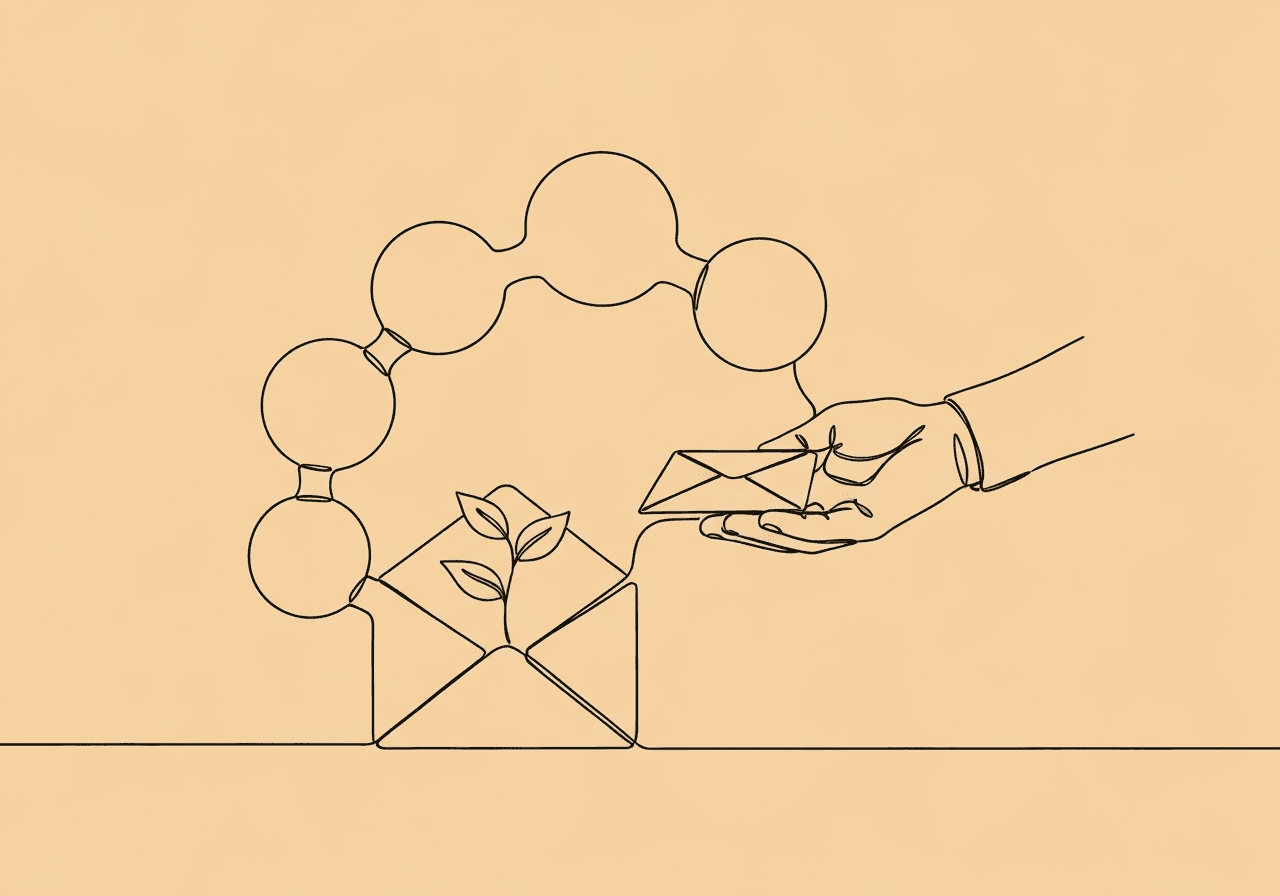 RBT Task List F-03: Master Communication & Ethics Minimalist line art of an open envelope with a growing plant, an outstretched hand, and encircling figures, symbolizing ethical stakeholder communication and confidentiality for the RBT Task List F-03 blog topic.