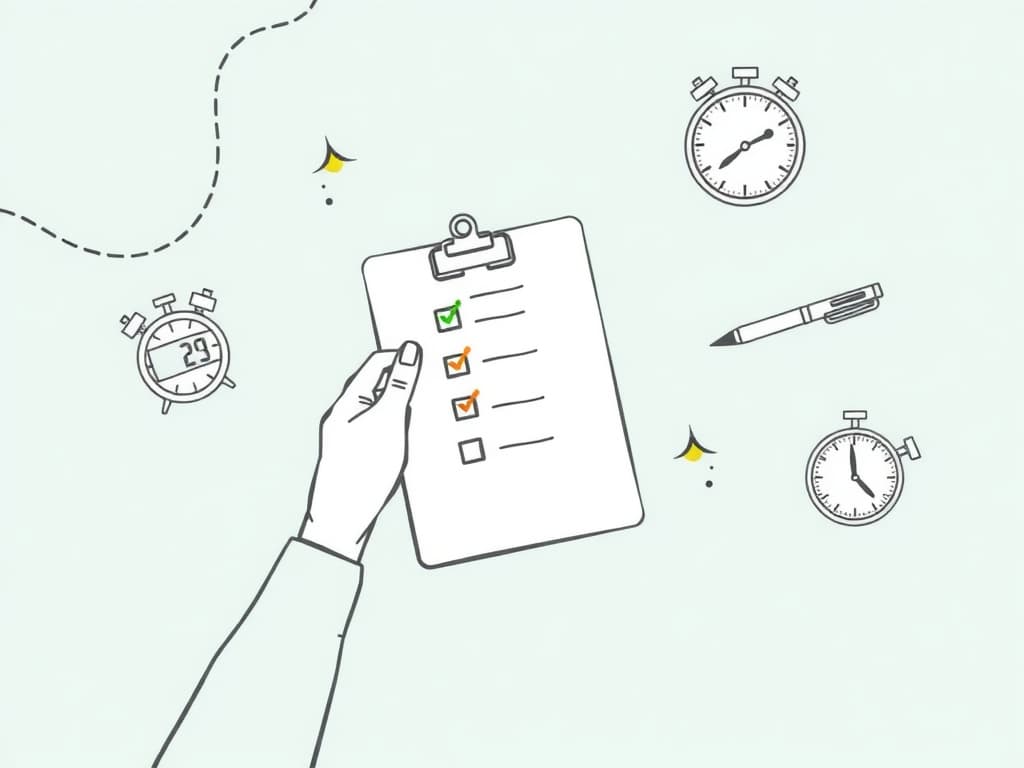 RBT Task List A-01: Prepare for Data Collection — 7-Step Checklist Minimalist line-art illustration of a hand preparing a checklist on a clipboard surrounded by a timer, pen, and stopwatch, designed to represent RBT Task List A-01: Prepare for data collection.