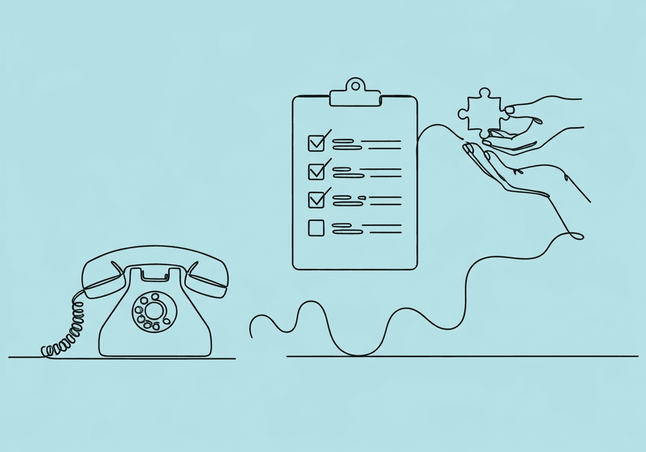 RBT Telehealth Disruptions: Master ABA Documentation Minimalist line art featuring a telephone, checklist, and hand with a puzzle piece, illustrating how RBT telehealth disruptions are documented during ABA sessions for compliance and clarity.