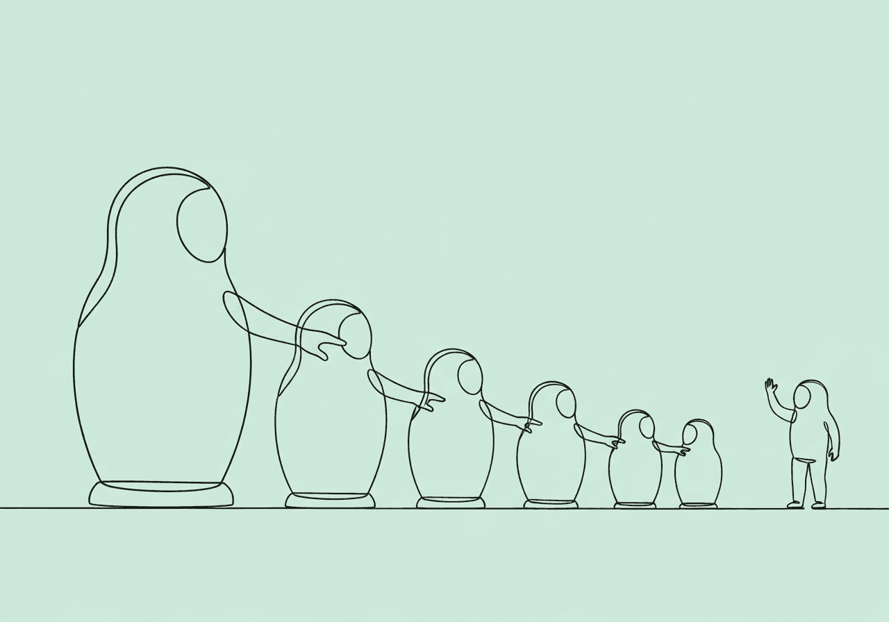 RBT Trial-by-Trial Data Collection Mastery Minimalist line art of nesting dolls passing guidance hand-to-hand, visually representing how RBT trial-by-trial data supports stepwise skill acquisition in ABA therapy sessions.