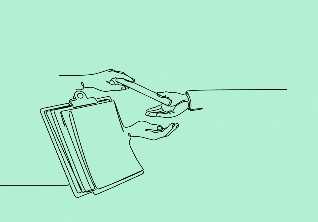 RBT Turnover Documentation for BCBAs Minimalist line art illustration on pastel mint background showing hands passing a baton over a clipboard, representing RBT turnover documentation BCBA processes and seamless transition between caregivers.