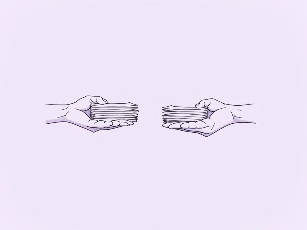 RBT vs BCBA Documentation: Key ABA Differences Minimalist line art of two hands exchanging a pen over an open clipboard, symbolizing the collaborative and distinct nature of RBT vs BCBA documentation in ABA practices.