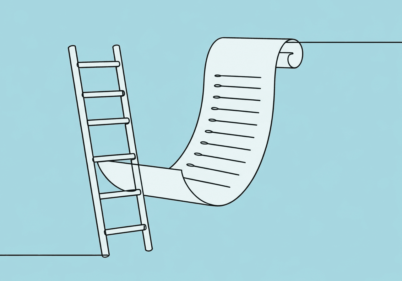 Reinforcement Schedule Thinning Documentation Guide Minimalist line art of a ladder morphing into a scroll captures the concept of reinforcement schedule thinning documentation, illustrating stepwise progression and precise clinical record-keeping in behavior analysis.