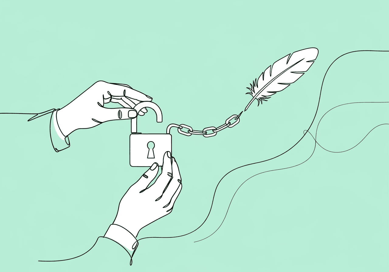 Restrictive Procedures Documentation BCBA Guide Minimalist line art illustration for restrictive procedures documentation BCBA, showing open hands holding a padlock with a paper chain leading to a feather, symbolizing ethical responsibility and gentle oversight.