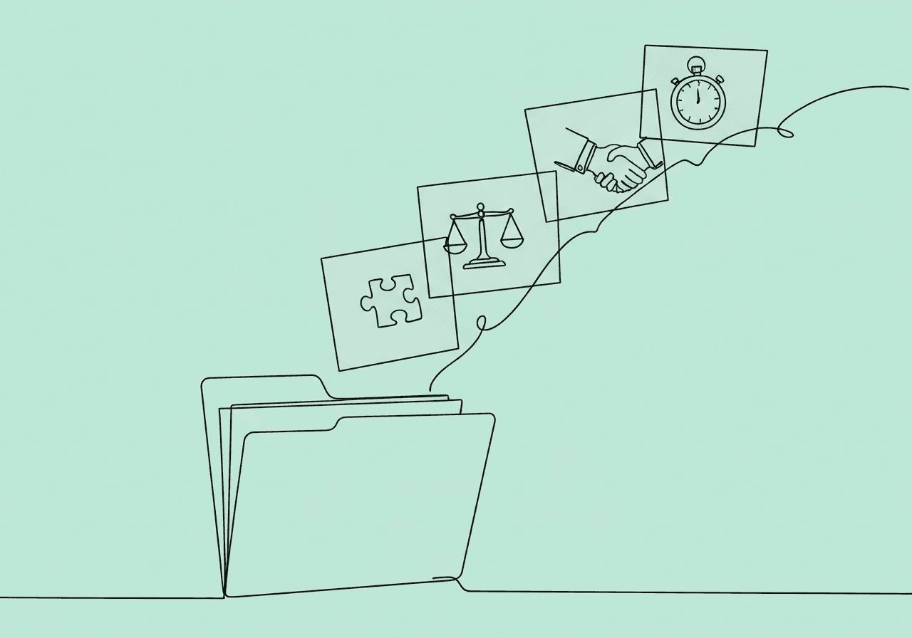Restrictive Procedures Documentation Guide for BCBAs Minimalist line art of a folder releasing outlined objects—a puzzle piece, scale, handshake, magnifying glass, and stopwatch—representing the steps of restrictive procedures documentation in behavioral therapy, shown in clear, progressive order.