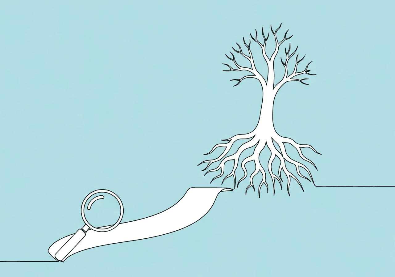 Root Cause Analysis in ABA Documentation: BCBA Guide Minimalist line art of a magnifying glass examining a winding paper trail that becomes tree roots, illustrating root cause analysis ABA documentation by visually connecting investigation to foundational issues.
