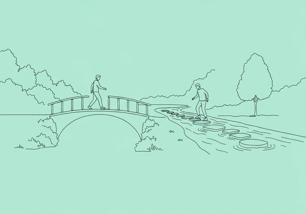 Rule-Governed vs Contingency-Shaped Behavior Explained Minimalist line art illustration depicting rule-governed vs contingency-shaped behavior, with one figure confidently crossing a bridge and another navigating stepping stones, visually illustrating ABA concepts through contrasting journey paths.