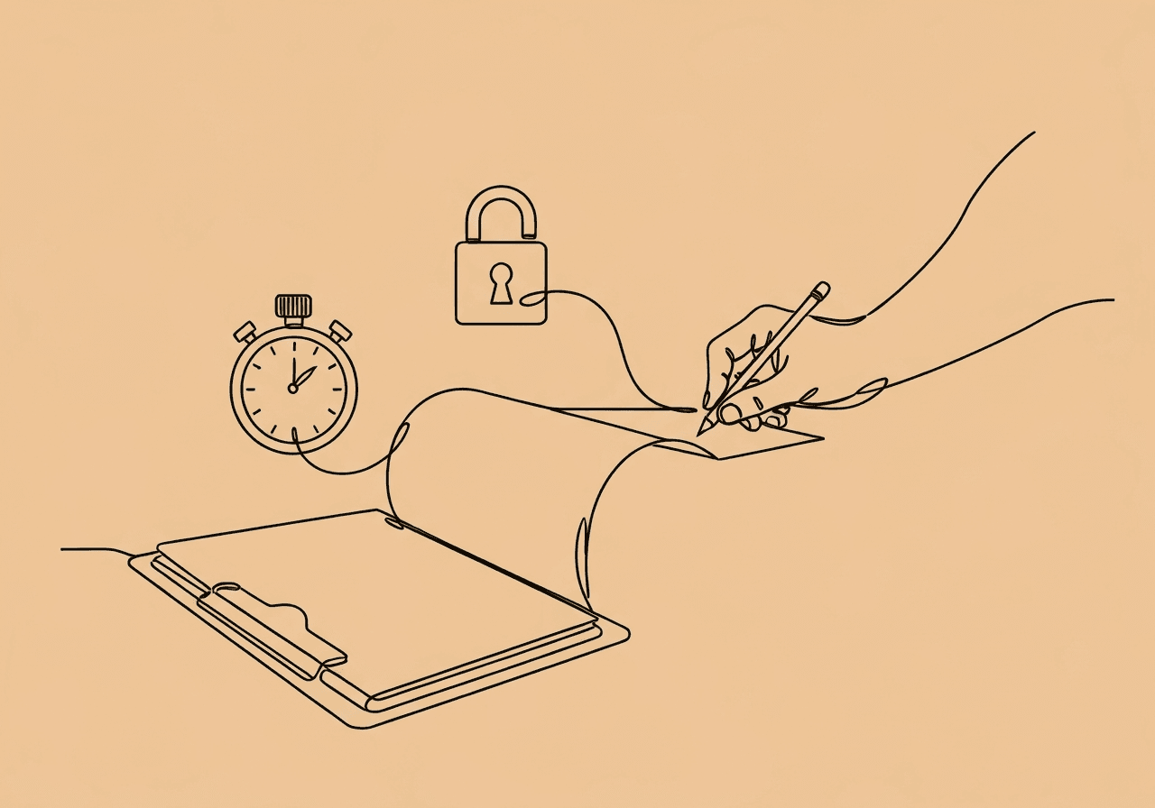 School-Based ABA Documentation Compliance Guide Minimalist line art illustration of school-based ABA documentation, showing a clipboard, stopwatch, padlock, and hand with pencil. The sequential flow highlights the careful balance of data collection, compliance, and clear note-taking in the school environment.