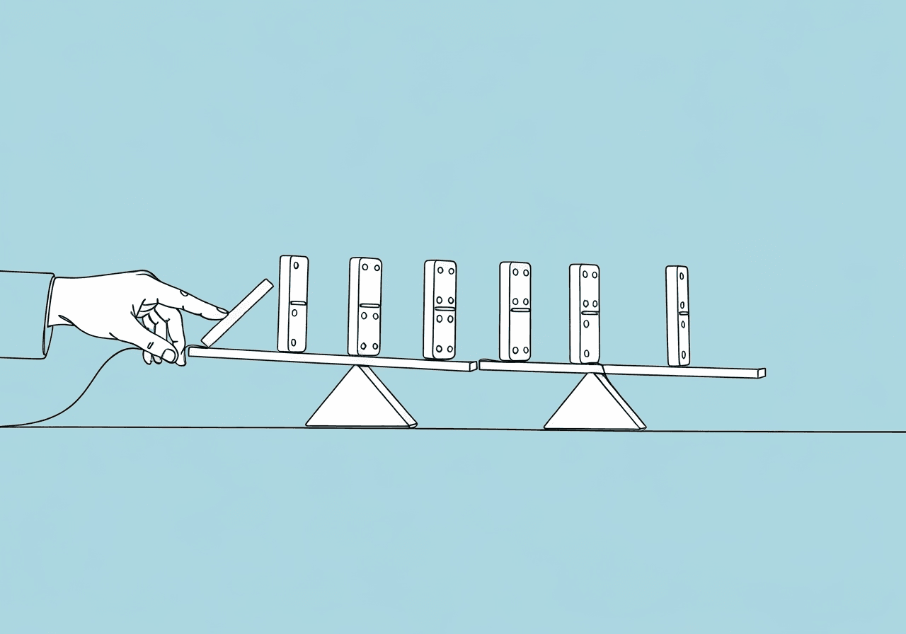 Simple Schedules of Reinforcement: Guide for RBTs and BCBAs Line art illustration depicting a hand about to tip a row of dominoes balanced on seesaws, symbolizing simple schedules of reinforcement in ABA by blending predictability with variation, on a pastel blue background.
