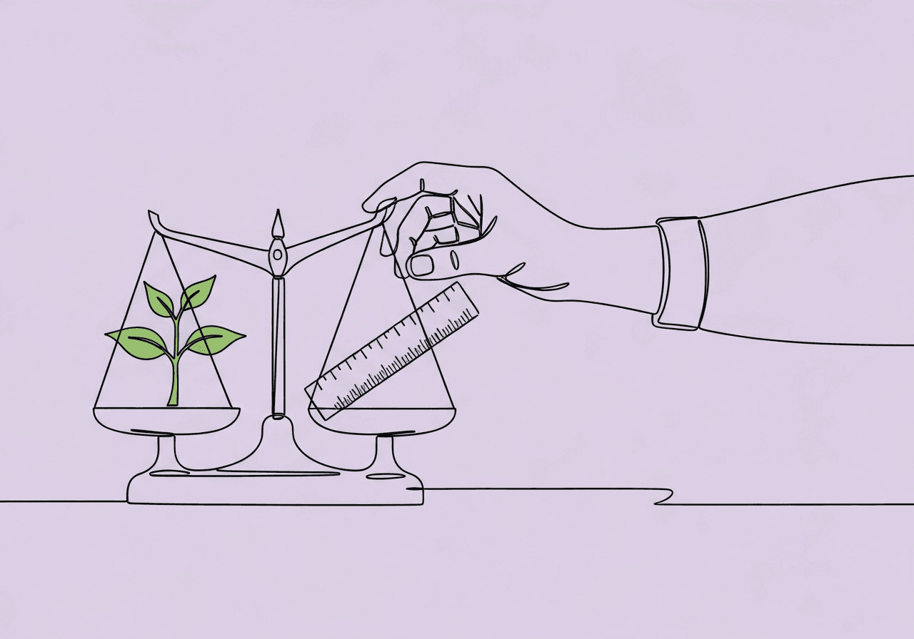 Single-Subject Experimental Designs Terminology Guide Minimalist line art on pastel lavender background shows a hand adjusting a balance scale with a plant and a ruler, symbolizing variables and control in single-subject experimental designs terminology.