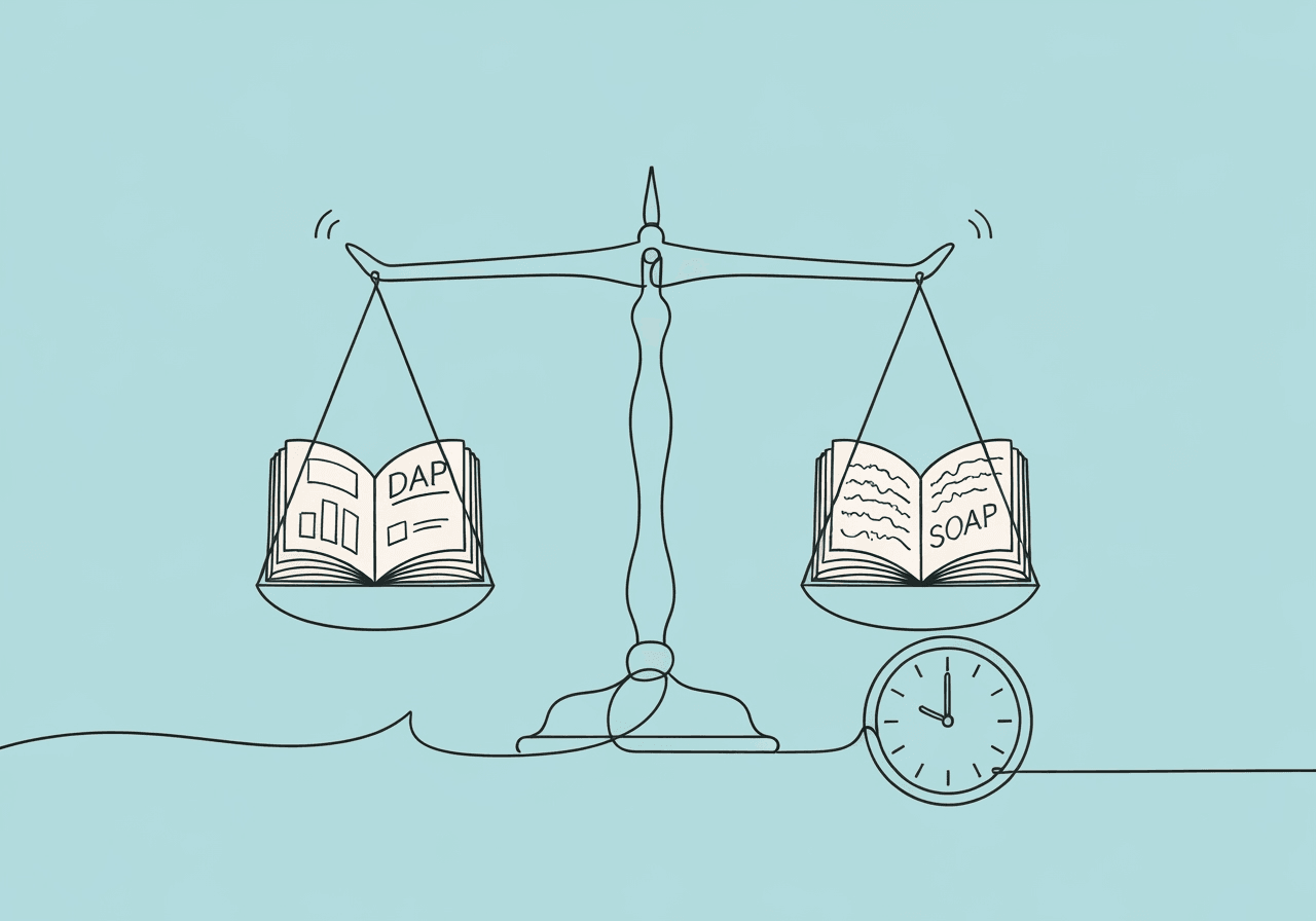 SOAP vs DAP Notes in ABA: Key Differences Minimalist line art of a balanced scale with two notebooks for SOAP vs DAP notes ABA, symbolizing comparison of documentation strategies for BCBAs in clinical settings.
