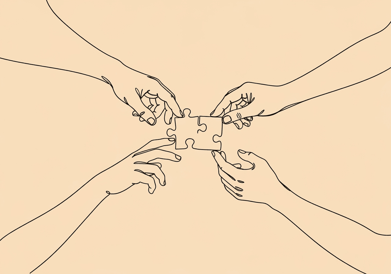Components of Social Validity in ABA: BCBA Exam Guide Minimalist line art shows three hands of different styles each offering a puzzle piece, nearly joining together at the center. The metaphor highlights social validity in ABA, symbolizing collaborative goals, inclusive procedures, and shared outcomes for better behavioral analysis practice.