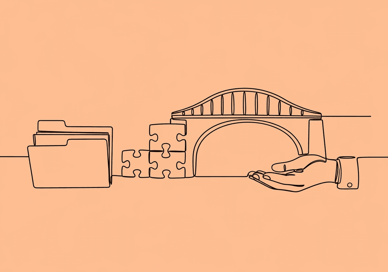 Essential 9 Steps for Standardized BCBA Note Templates Minimalist line art on a pastel peach background visually represents standardized BCBA note templates, showing a file folder evolving into puzzle pieces forming a bridge supported by a guiding hand, illustrating EHR documentation standardization.