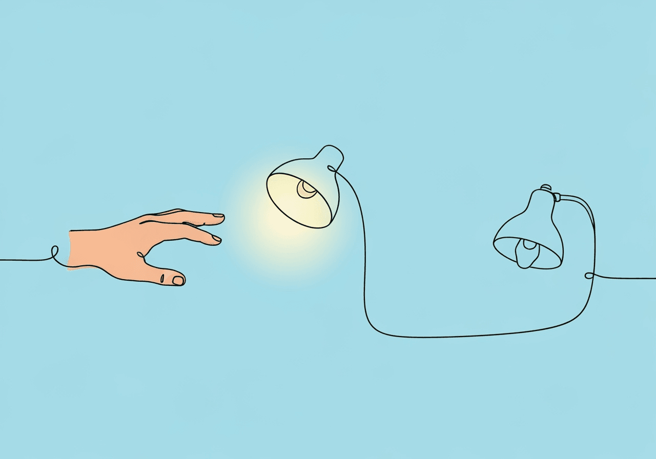 Master Stimulus Control in ABA: SD vs S-Delta Explained Minimalist line art illustration on pastel blue shows a hand reaching toward two lamps—one lit, one unlit—symbolizing the core concepts of stimulus control ABA definitions, including discriminative stimulus (SD) and stimulus delta (SΔ).