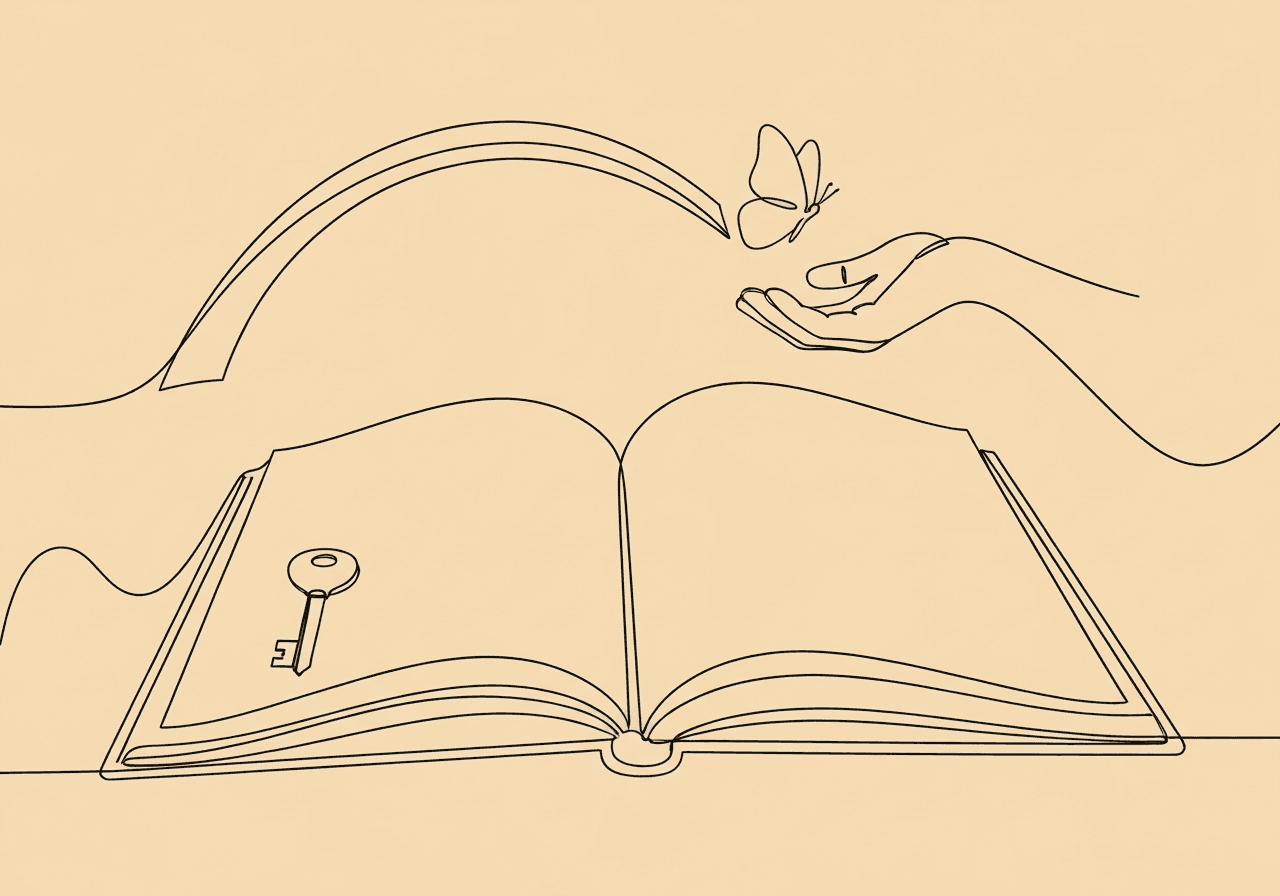 Stimulus Control Transfer Documentation Guide for BCBAs Minimalist line art showing a notebook transforming into a bridge, leading to a hand catching a butterfly, illustrating stimulus control transfer documentation in behavioral analysis.