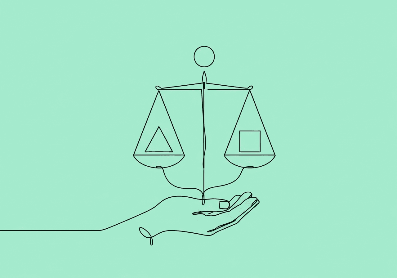 Guide to Documenting Stimulus Equivalence for BCBAs Minimalist line art showing an open hand supporting balanced scales with interconnected shapes, visually representing ethically documenting stimulus equivalence for BCBA compliance and skill generalization.