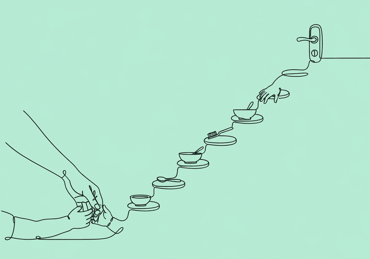Task Analysis for Parents: ABA Home Guide Minimalist line art showing a parent and child hand progressing along stepping stones that become everyday objects, visually representing task analysis for parents by illustrating guided steps toward independence at home.