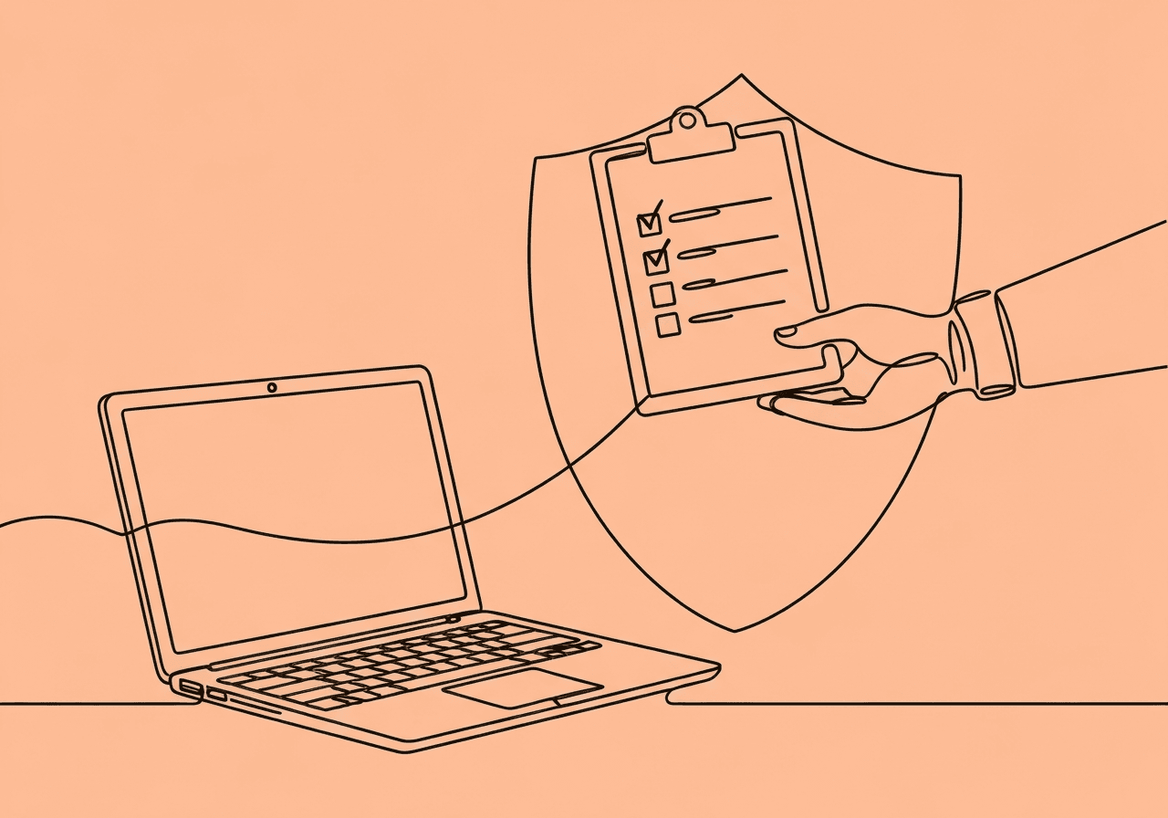 Telehealth Session Compliance Checklist for RBTs & BCBAs Minimalist line art illustration of a telehealth session compliance checklist—showing an open laptop, a helping hand, and a hovering clipboard—captures real-time ABA documentation and secure, compliant connections in remote sessions.