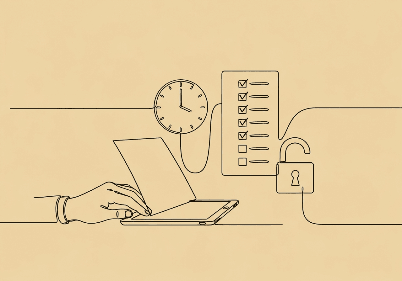 Top BCBA Documentation Automation Tools for Efficiency Minimalist line art featuring a hand transferring paper to a tablet, with a flowing line evolving into a checklist and secure lock, symbolizing BCBA documentation automation tools that streamline workflow and ensure ethical compliance.