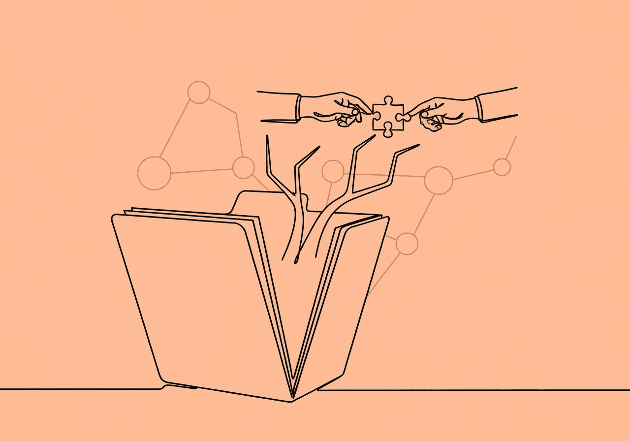 TRICARE ACD Documentation: Essential ABA Guide for BCBAs Minimalist line art on pastel peach shows a medical folder with branching hands exchanging a puzzle piece, metaphorically illustrating TRICARE ACD documentation as collaborative, step-by-step guidance in ABA treatment planning.