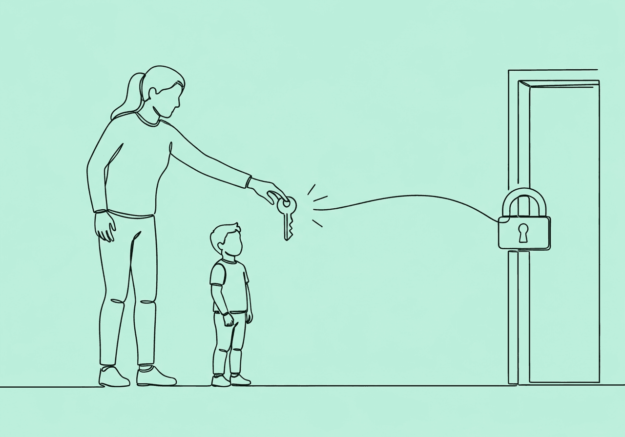 Failing Replacement Behaviors in ABA: Parent Troubleshooting Guide Minimalist line art of a parent handing a key to a hesitant child at a closed door, symbolizing troubleshooting failing replacement behaviors ABA and guiding toward effective solutions.