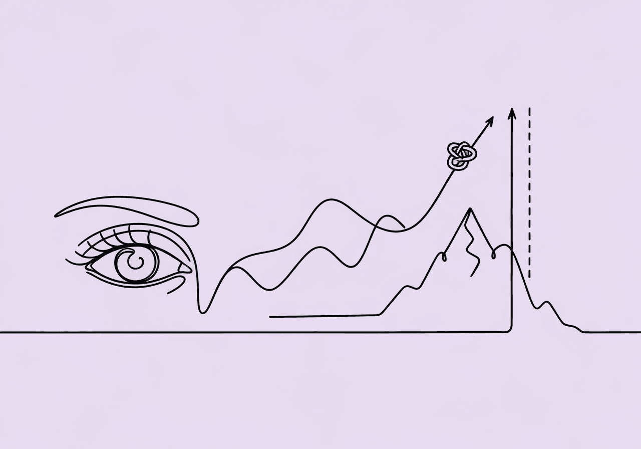 Essential Visual Analysis Terminology for ABA Minimalist line art on a pastel lavender background depicts an eye gazing toward a mountain peak that evolves into a winding graph path, illustrating Visual Analysis Terminology ABA concepts like level, trend, and variability.