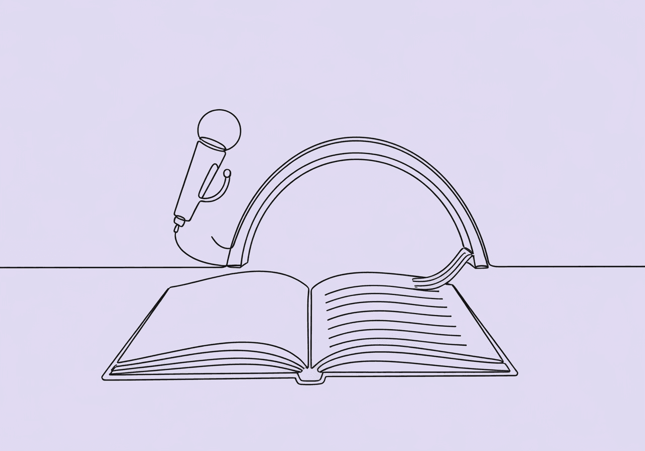 Voice-to-Text ABA Documentation: Save Time & Stay Compliant Minimalist line art depicts a microphone smoothly transforming into a bridge that connects to an open notebook, illustrating the journey of voice-to-text ABA documentation. The design highlights streamlined, HIPAA-compliant note-taking with visual clarity and simplicity.