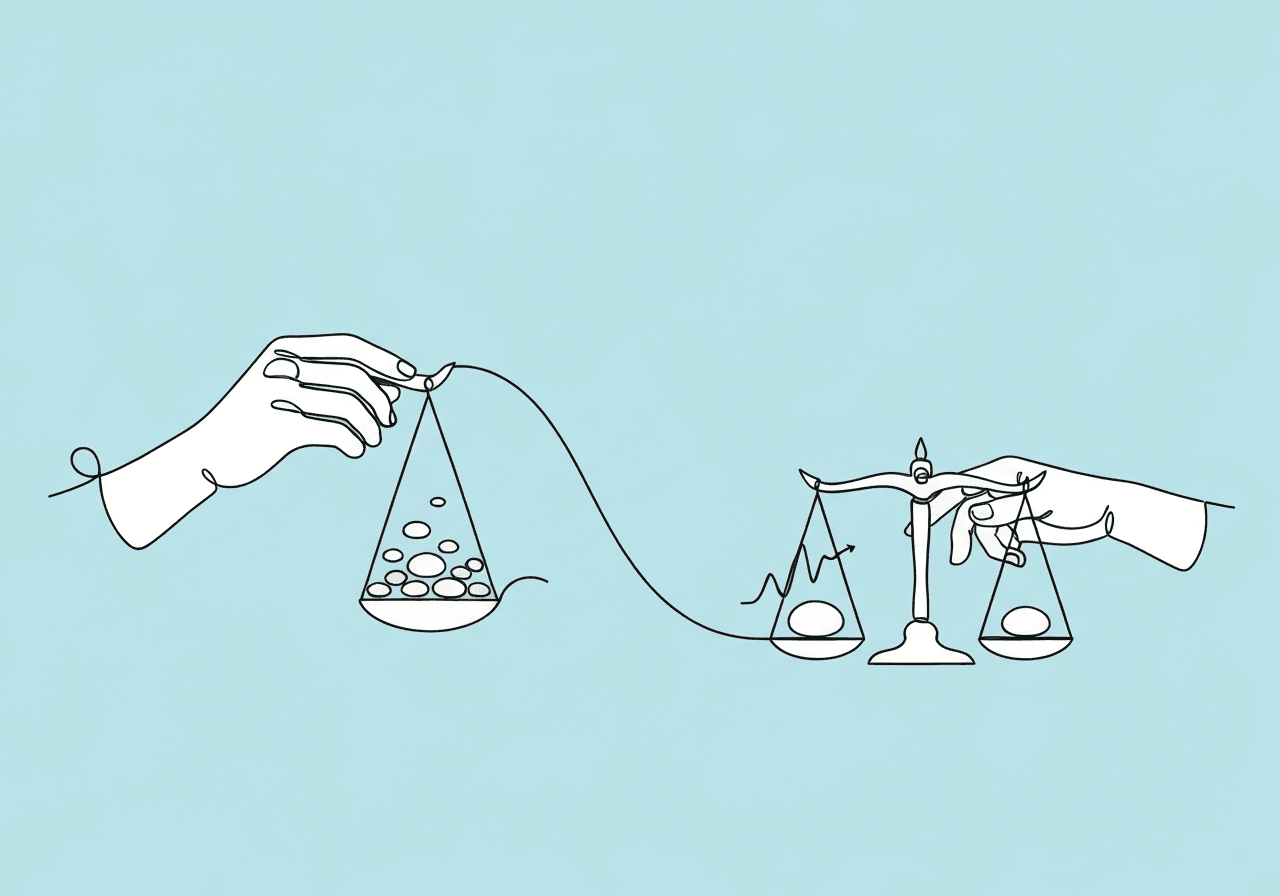 VR vs VI Schedules: Essential ABA Documentation Guide Minimalist line art of two hands holding balanced scales visually represents variable ratio vs variable interval documentation, capturing the subtle differences in ABA reinforcement through tangible, relatable imagery for BCBA audiences.