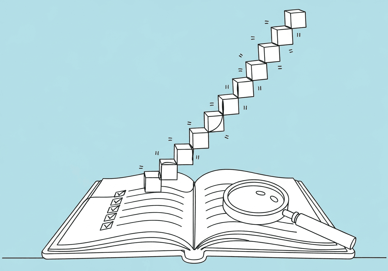 How BCBAs Compile Weekly ABA Progress Reports Minimalist line art depicting an open notebook, building blocks ascending in an arc, and a magnifying glass—symbolizing the systematic compilation of weekly ABA progress reports from RBT data.