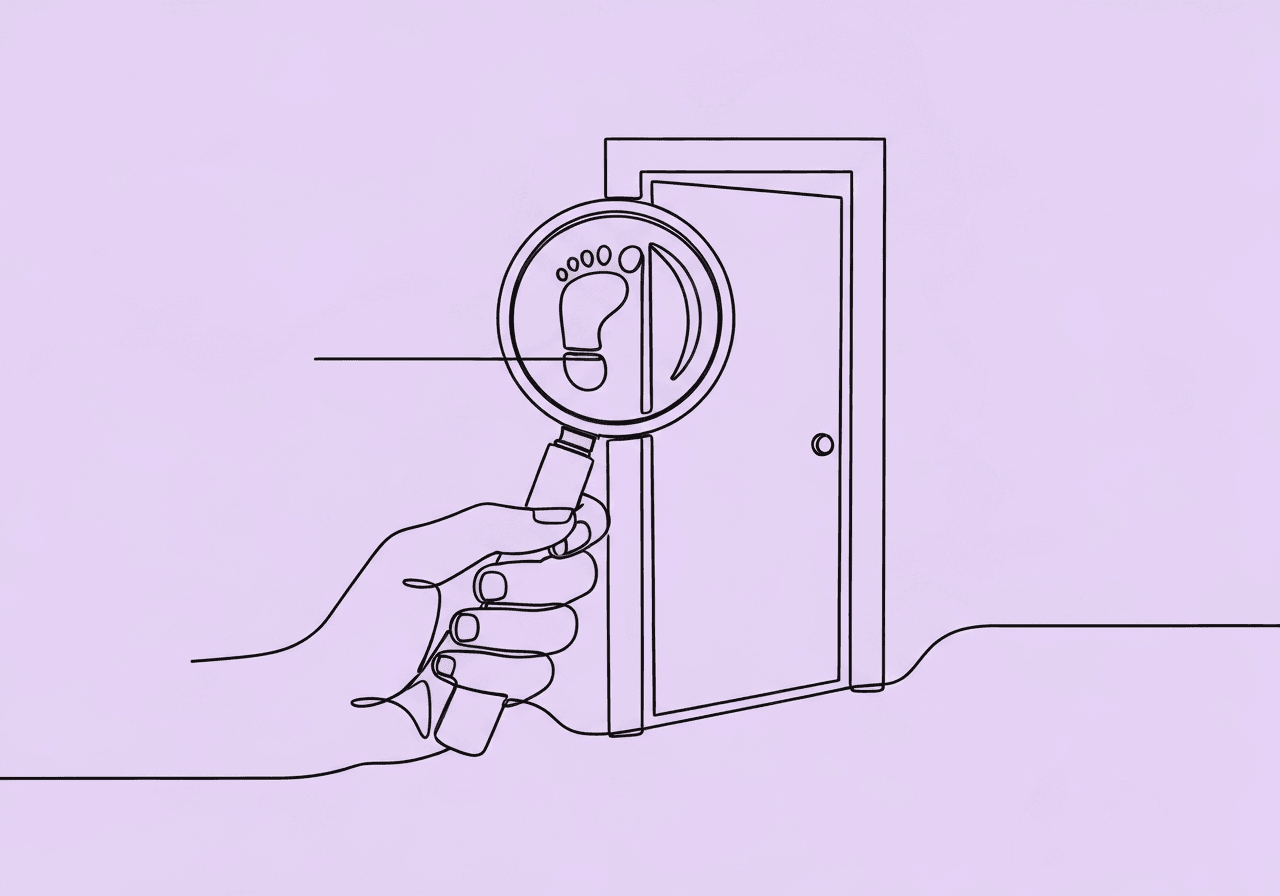 How to Write RBT Operational Definitions Effectively Minimalist line art illustration for RBT operational definitions shows a hand with a magnifying glass highlighting a footprint, with a doorframe in the background to symbolize clear behavioral definitions and context in ABA data collection.